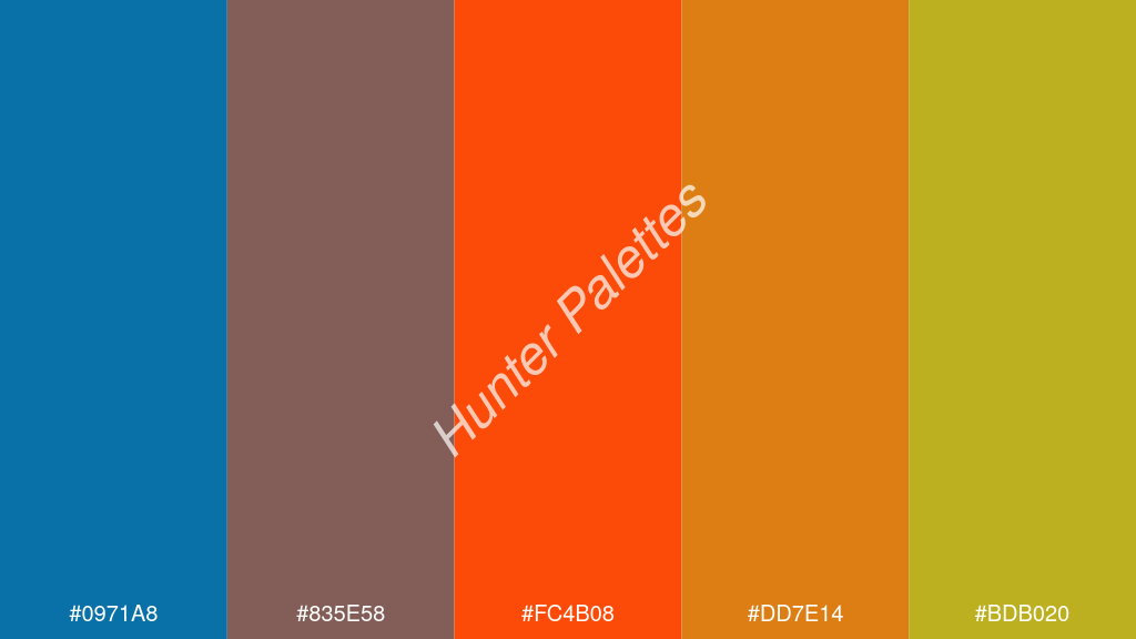 fluoreszkáló narancs szín palettája a következőkkel: #0971a8 #835e58 #fc4b08 #dd7e14 #bdb020