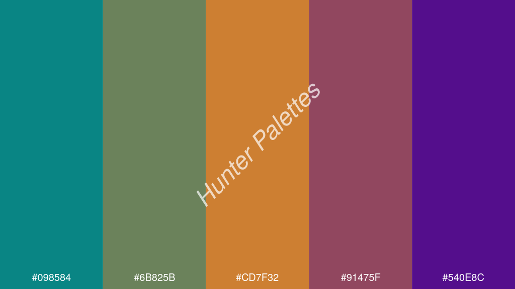 bronz szín palettája a következőkkel: #098584 #6b825b #cd7f32 #91475f #540e8c