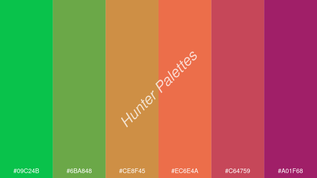 mangó szín palettája a következőkkel: #09c24b #6ba848 #ce8f45 #ec6e4a #c64759 #a01f68