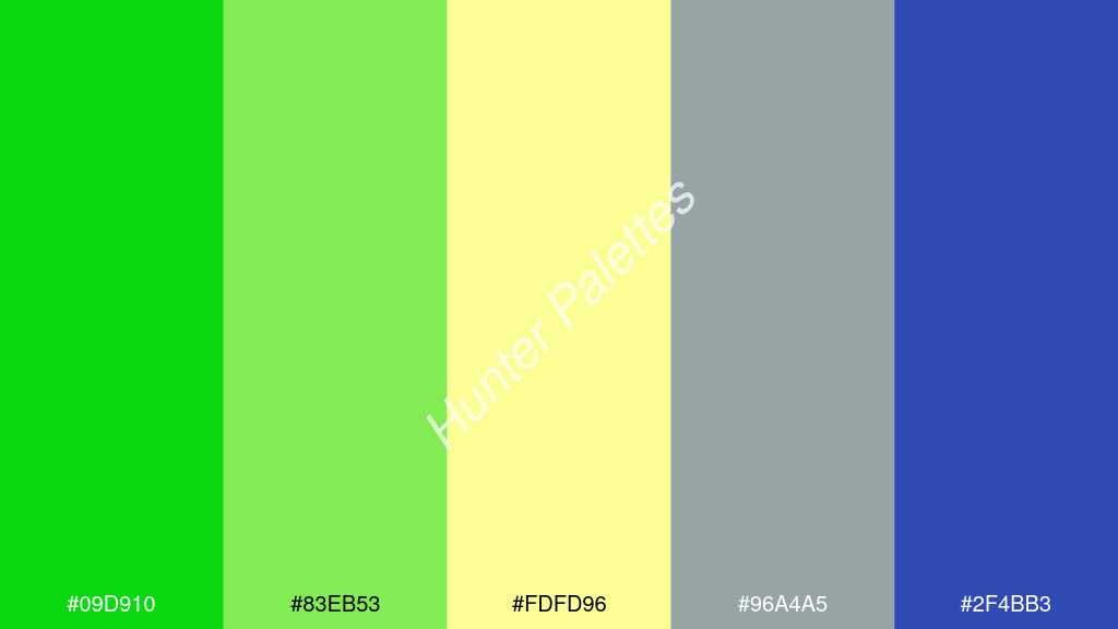 pasztell sárga szín palettája a következőkkel: #09d910 #83eb53 #fdfd96 #96a4a5 #2f4bb3