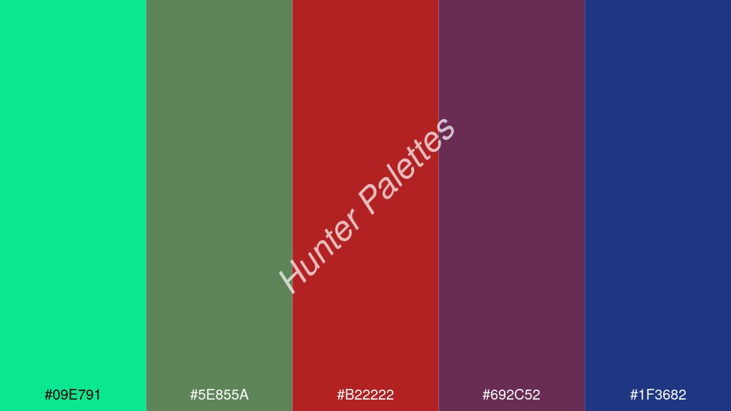 tégla szín palettája a következőkkel: #09e791 #5e855a #b22222 #692c52 #1f3682