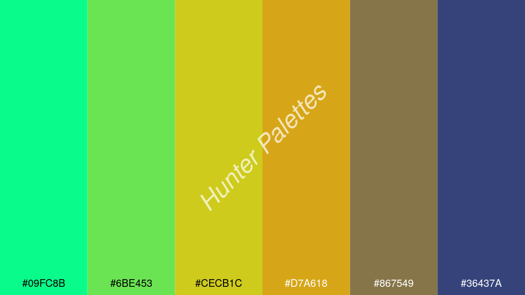 borostyán szín palettája a következőkkel: #09fc8b #6be453 #cecb1c #d7a618 #867549 #36437a