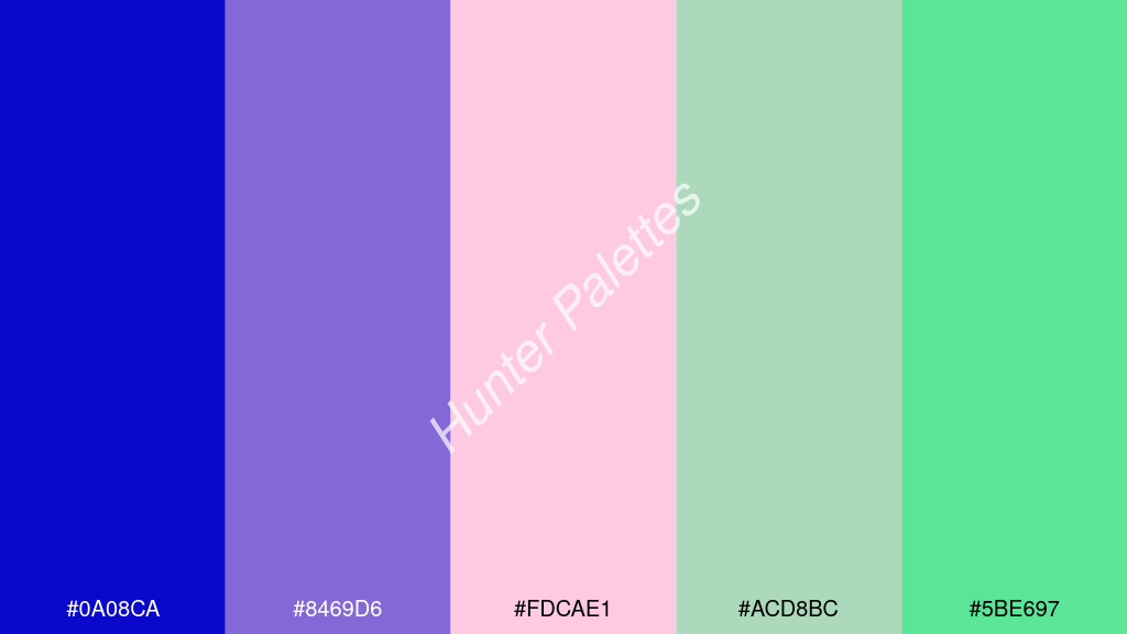 pasztell rózsaszín szín palettája a következőkkel: #0a08ca #8469d6 #fdcae1 #acd8bc #5be697