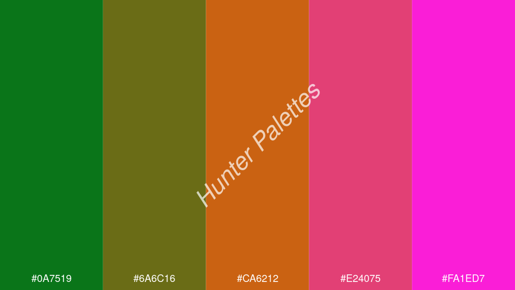 sötét narancs szín palettája a következőkkel: #0a7519 #6a6c16 #ca6212 #e24075 #fa1ed7