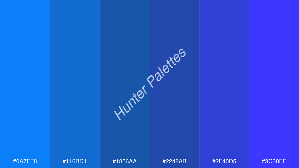 indigókék szín palettája a következőkkel: #0a7ff8 #116bd1 #1856aa #2248ab #2f40d5 #3c38ff