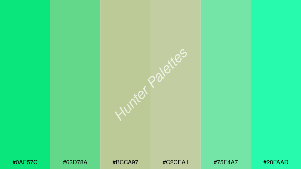 bézs szín palettája a következőkkel: #0ae57c #63d78a #bcca97 #c2cea1 #75e4a7 #28faad