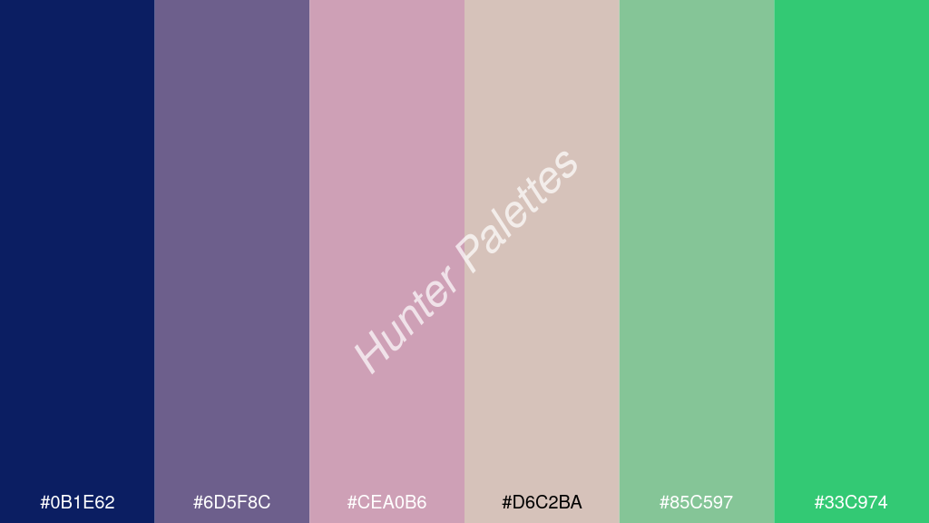 rózsaszín szín palettája a következőkkel: #0b1e62 #6d5f8c #cea0b6 #d6c2ba #85c597 #33c974