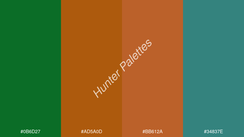 Pantone narancs szín palettája a következőkkel: #0b6d27 #ad5a0d #bb612a #34837e