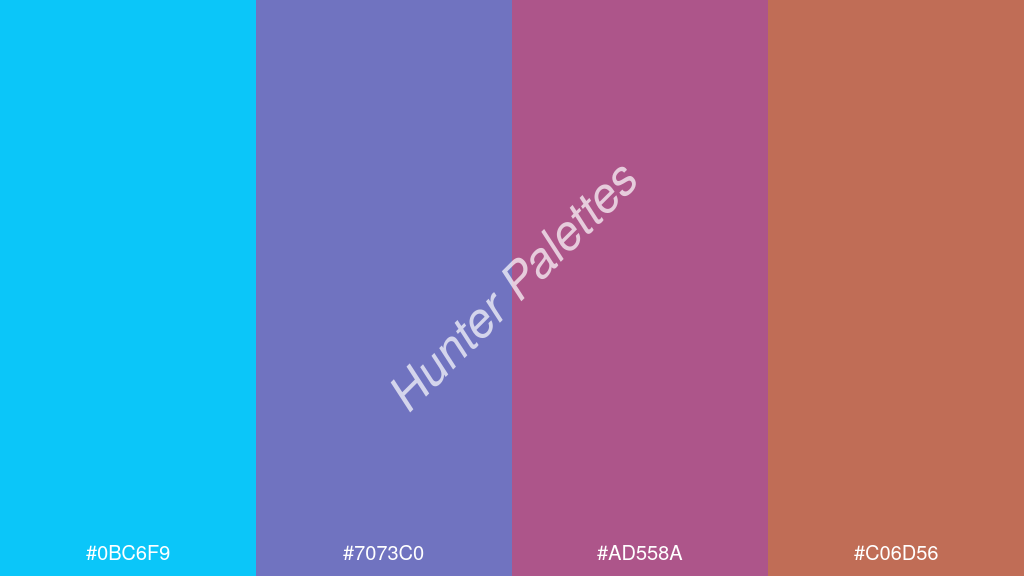 lila szín palettája a következőkkel: #0bc6f9 #7073c0 #ad558a #c06d56