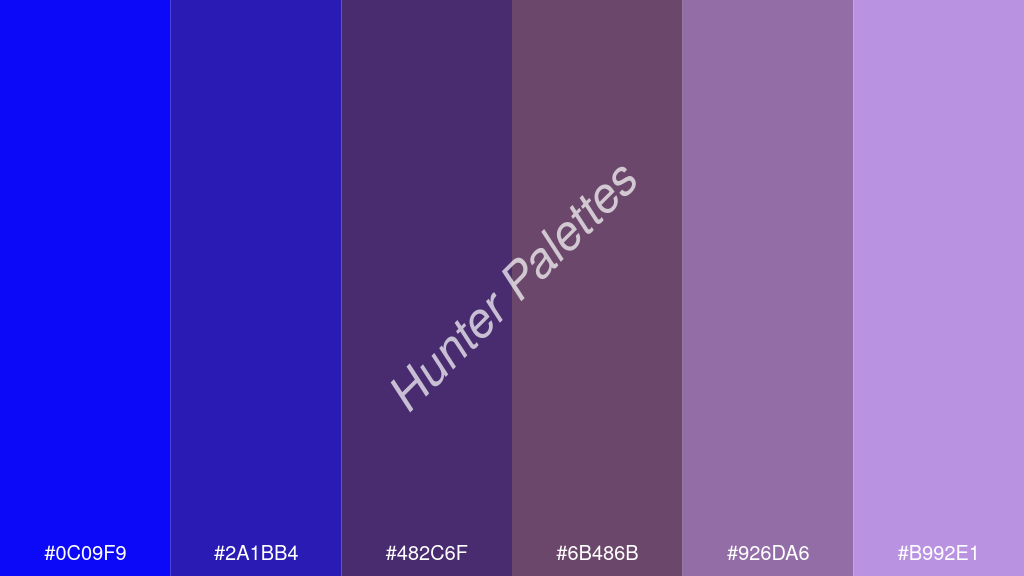 orchidea szín palettája a következőkkel: #0c09f9 #2a1bb4 #482c6f #6b486b #926da6 #b992e1