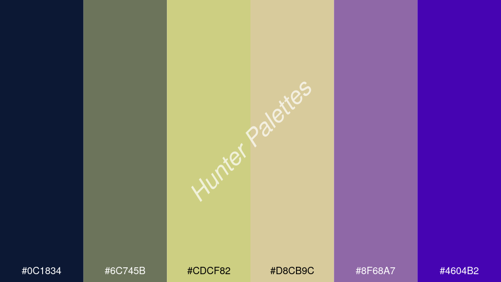 pasztell sárga szín palettája a következőkkel: #0c1834 #6c745b #cdcf82 #d8cb9c #8f68a7 #4604b2