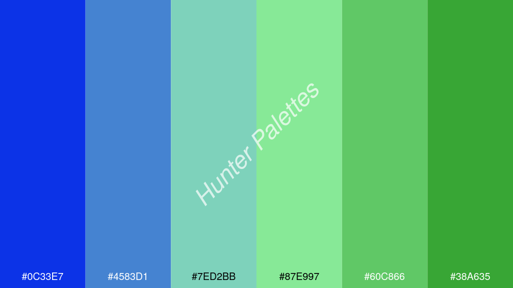 menta szín palettája a következőkkel: #0c33e7 #4583d1 #7ed2bb #87e997 #60c866 #38a635