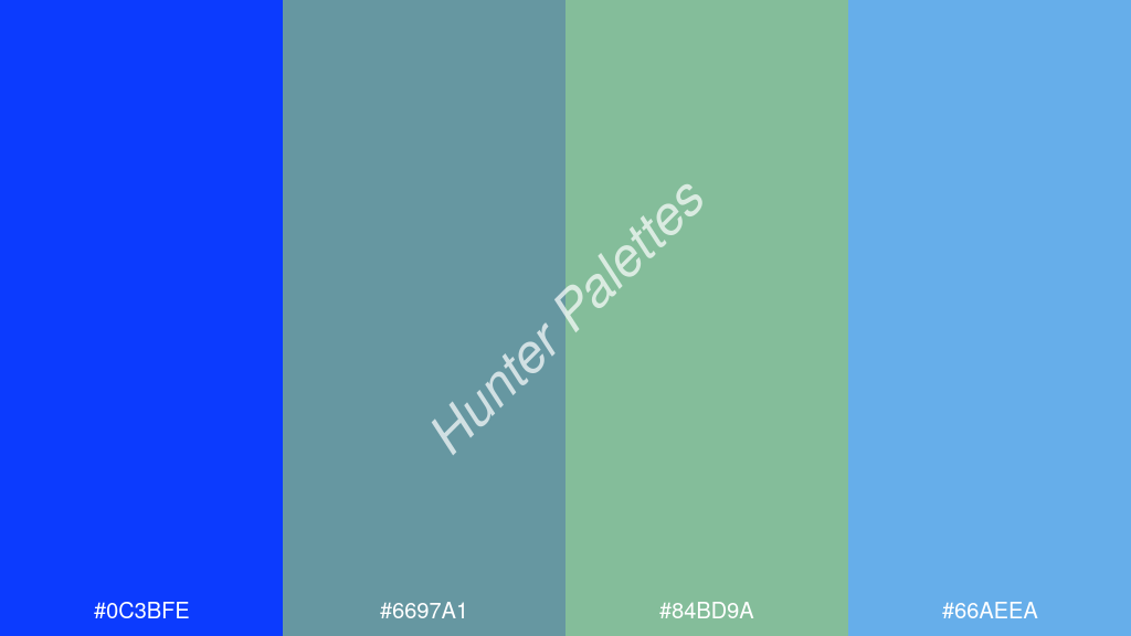 pisztáciazöld szín palettája a következőkkel: #0c3bfe #6697a1 #84bd9a #66aeea