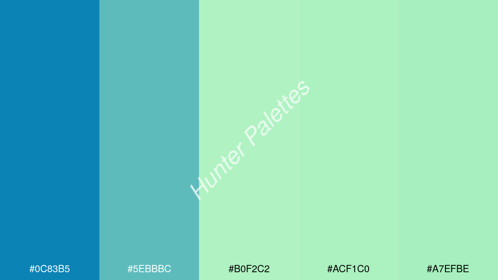 pasztellzöld szín palettája a következőkkel: #0c83b5 #5ebbbc #b0f2c2 #acf1c0 #a7efbe