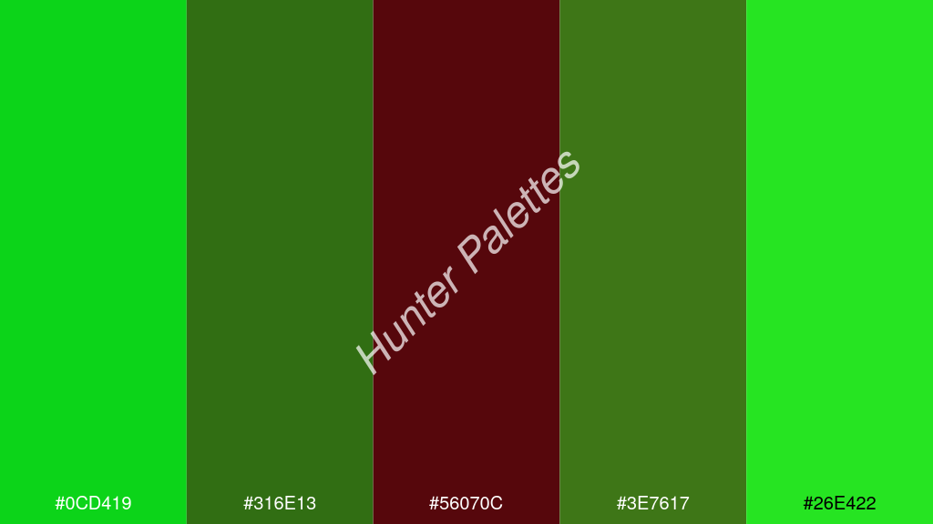 bor szín palettája a következőkkel: #0cd419 #316e13 #56070c #3e7617 #26e422