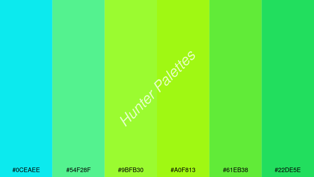 limezöld szín palettája a következőkkel: #0ceaee #54f28f #9bfb30 #a0f813 #61eb38 #22de5e