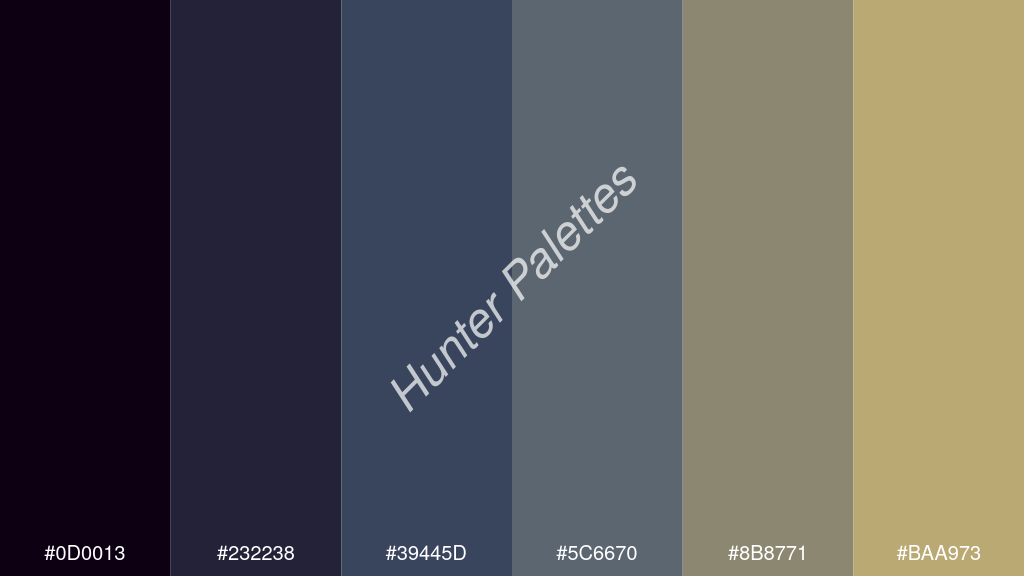 kékes szürke szín palettája a következőkkel: #0d0013 #232238 #39445d #5c6670 #8b8771 #baa973
