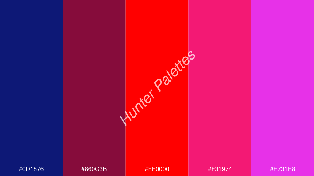 vörös szín palettája a következőkkel: #0d1876 #860c3b #ff0000 #f31974 #e731e8