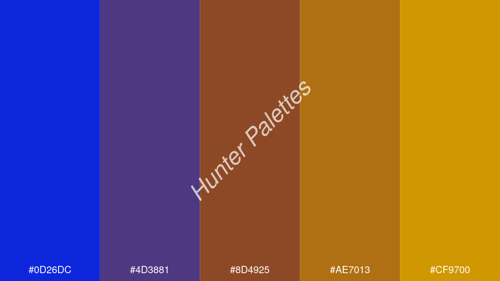 barna szín palettája a következőkkel: #0d26dc #4d3881 #8d4925 #ae7013 #cf9700