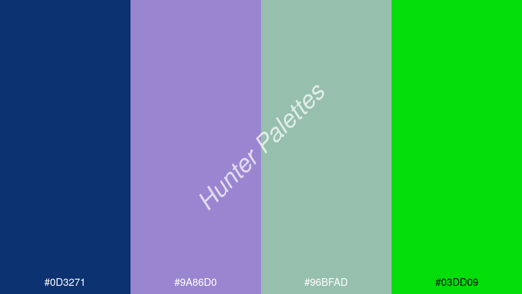mályva szín palettája a következőkkel: #0d3271 #9a86d0 #96bfad #03dd09