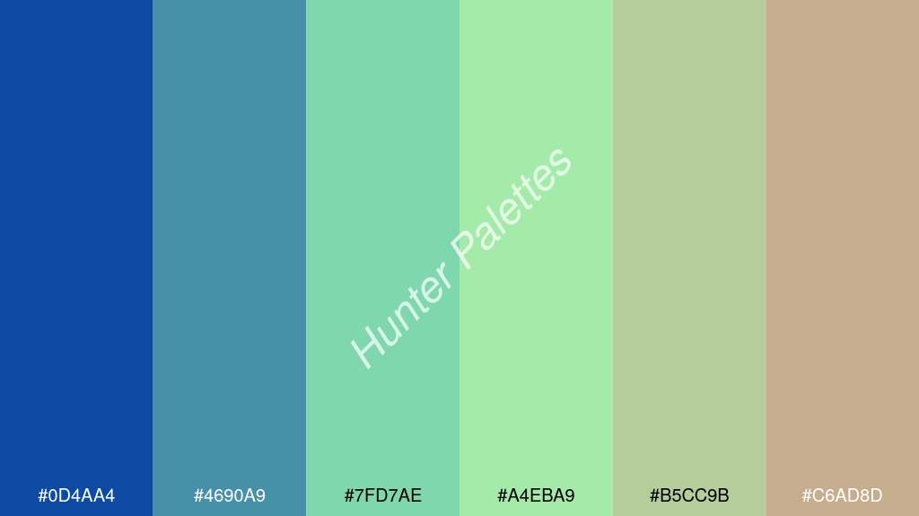 menta szín palettája a következőkkel: #0d4aa4 #4690a9 #7fd7ae #a4eba9 #b5cc9b #c6ad8d