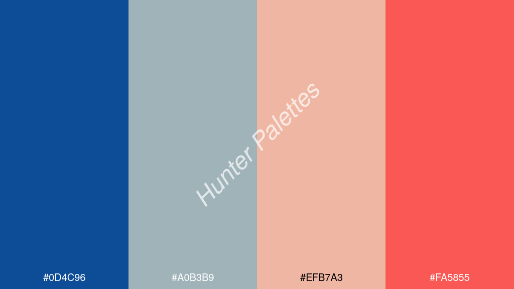 gyöngyház fehér szín palettája a következőkkel: #0d4c96 #a0b3b9 #efb7a3 #fa5855