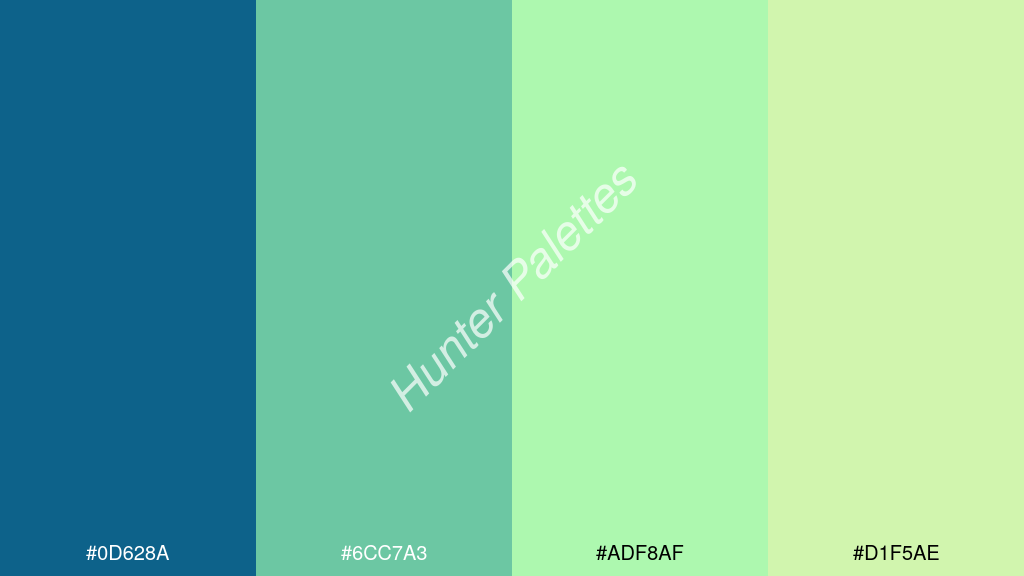menta szín palettája a következőkkel: #0d628a #6cc7a3 #adf8af #d1f5ae