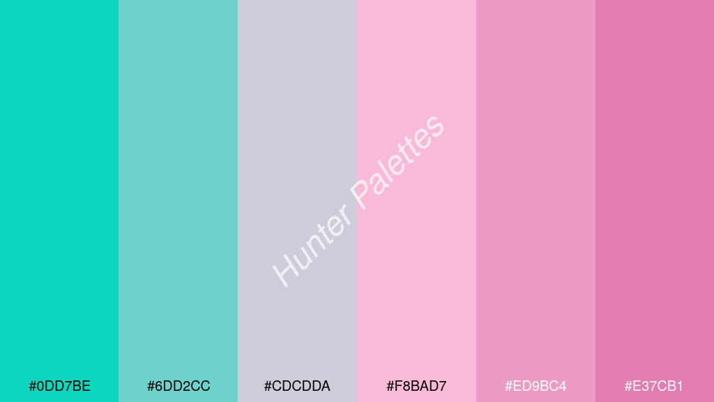 pasztell rózsaszín szín palettája a következőkkel: #0dd7be #6dd2cc #cdcdda #f8bad7 #ed9bc4 #e37cb1