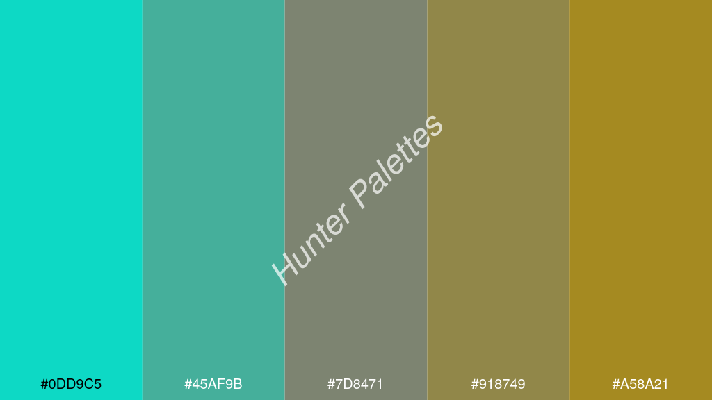 cement szürke szín palettája a következőkkel: #0dd9c5 #45af9b #7d8471 #918749 #a58a21