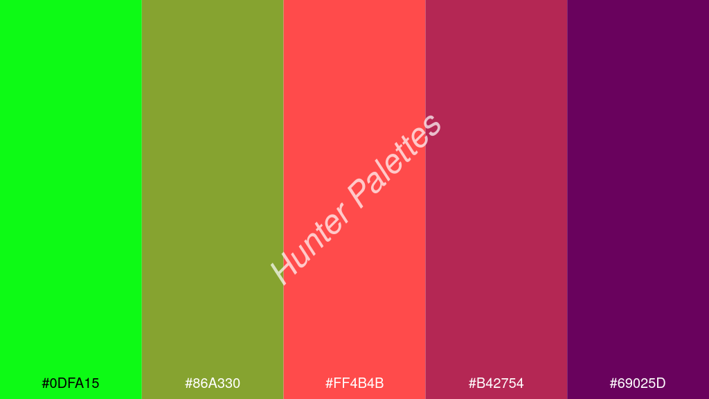 világos piros szín palettája a következőkkel: #0dfa15 #86a330 #ff4b4b #b42754 #69025d
