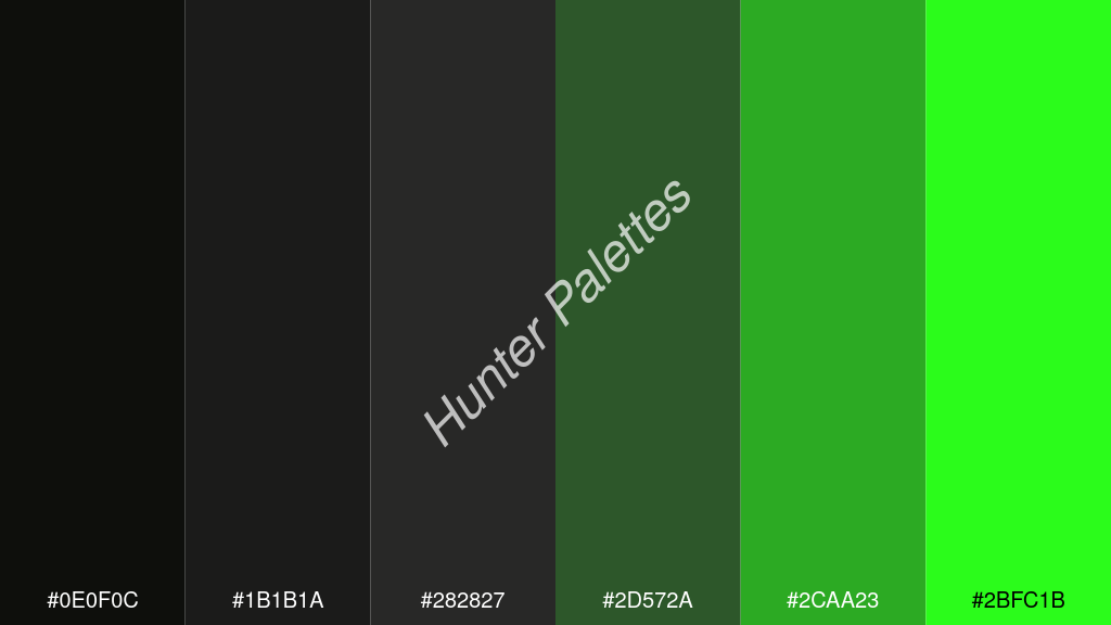 sötét szürke szín palettája a következőkkel: #0e0f0c #1b1b1a #282827 #2d572a #2caa23 #2bfc1b