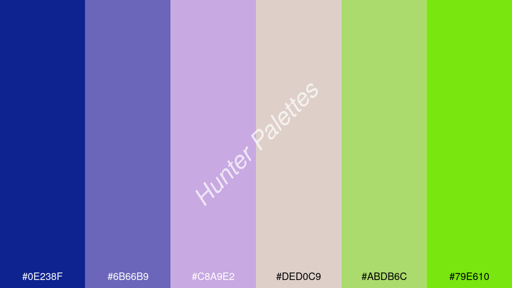 világos rózsaszín szín palettája a következőkkel: #0e238f #6b66b9 #c8a9e2 #ded0c9 #abdb6c #79e610