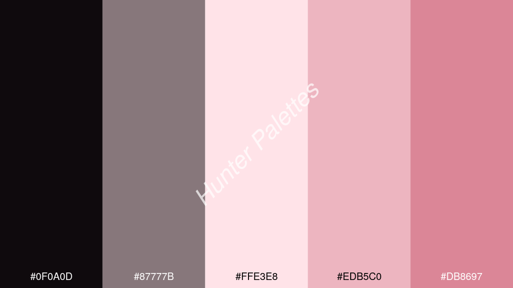 halvány rózsaszín szín palettája a következőkkel: #0f0a0d #87777b #ffe3e8 #edb5c0 #db8697