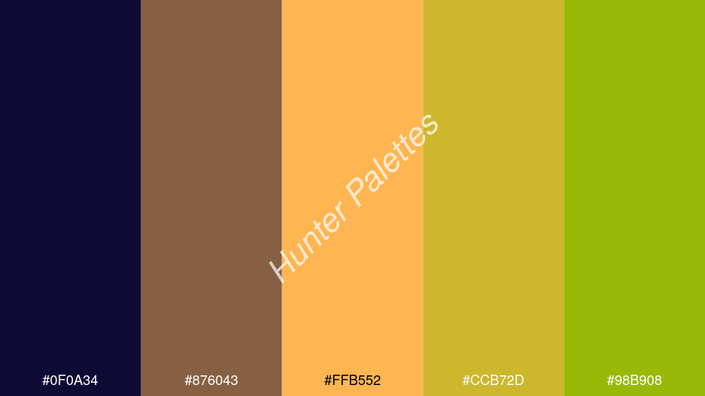 világos narancs szín palettája a következőkkel: #0f0a34 #876043 #ffb552 #ccb72d #98b908
