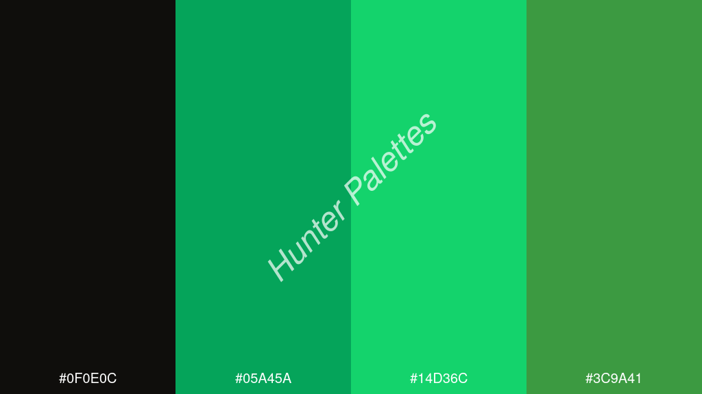 foszforeszkáló zöld szín palettája a következőkkel: #0f0e0c #05a45a #14d36c #3c9a41