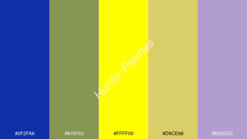sárga szín palettája a következőkkel: #0f2fa6 #879753 #ffff00 #d9ce68 #b29dd0