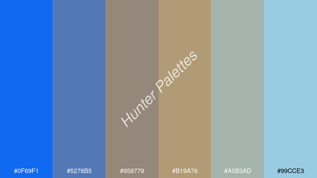kalua szín palettája a következőkkel: #0f69f1 #5278b5 #958779 #b19a76 #a5b3ad #99cce3