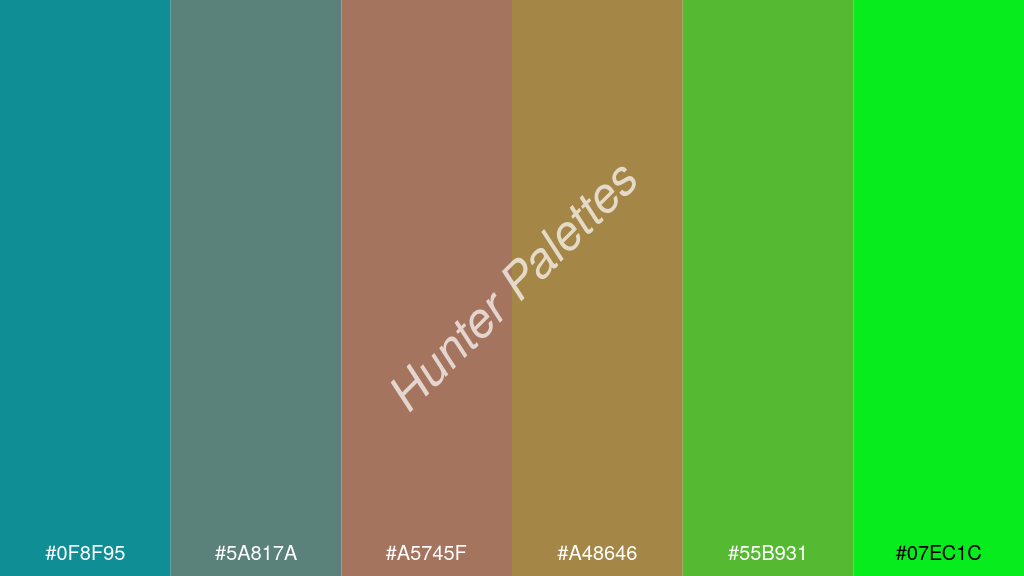 réz szín palettája a következőkkel: #0f8f95 #5a817a #a5745f #a48646 #55b931 #07ec1c
