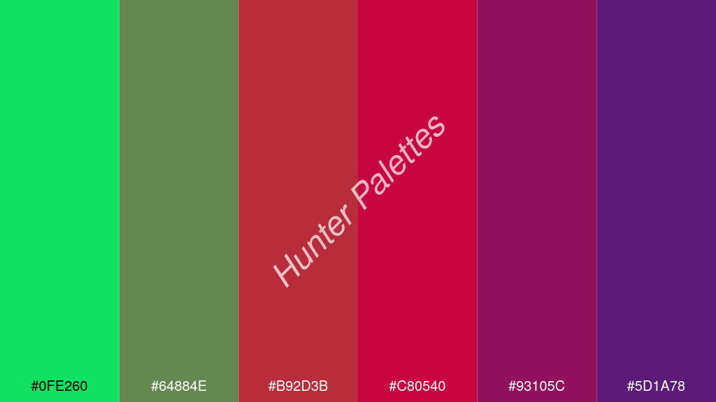 skarlát szín palettája a következőkkel: #0fe260 #64884e #b92d3b #c80540 #93105c #5d1a78