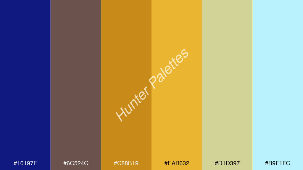 mustársárga szín palettája a következőkkel: #10197f #6c524c #c88b19 #eab632 #d1d397 #b9f1fc
