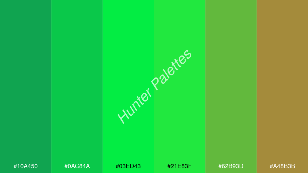 fluoreszkáló zöld szín palettája a következőkkel: #10a450 #0ac84a #03ed43 #21e83f #62b93d #a48b3b