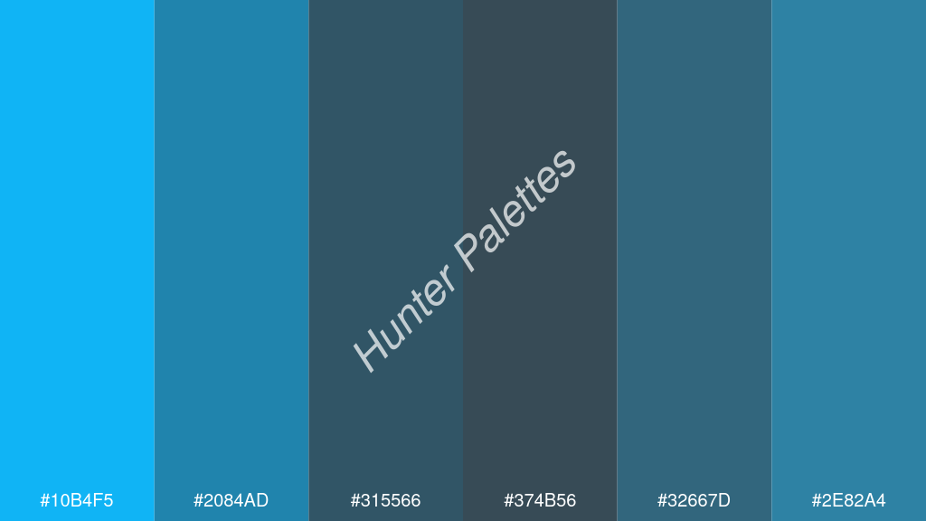 oxford szürke szín palettája a következőkkel: #10b4f5 #2084ad #315566 #374b56 #32667d #2e82a4