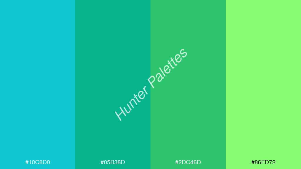 jáde szín palettája a következőkkel: #10c8d0 #05b38d #2dc46d #86fd72