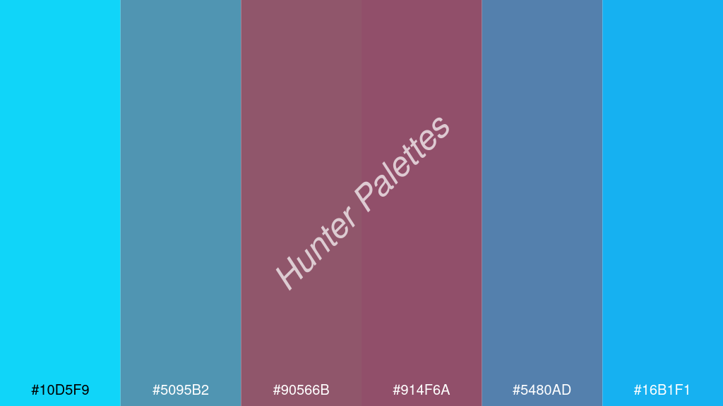 gránát szín palettája a következőkkel: #10d5f9 #5095b2 #90566b #914f6a #5480ad #16b1f1