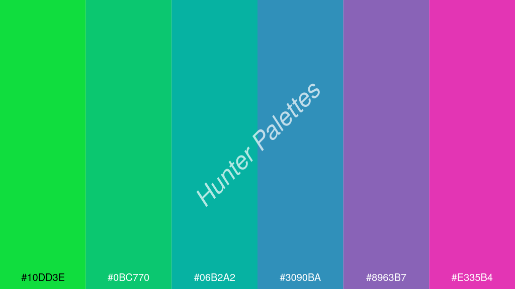 akvamarin kék szín palettája a következőkkel: #10dd3e #0bc770 #06b2a2 #3090ba #8963b7 #e335b4