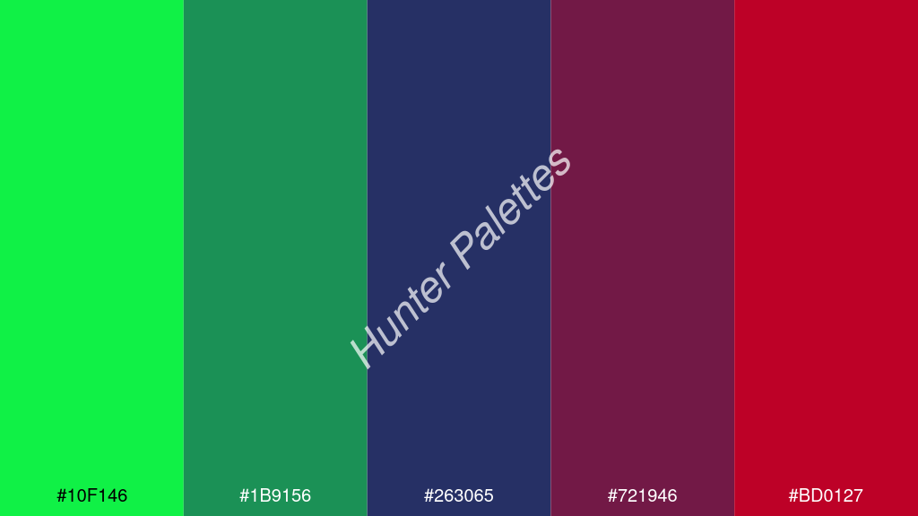 kobaltkék szín palettája a következőkkel: #10f146 #1b9156 #263065 #721946 #bd0127