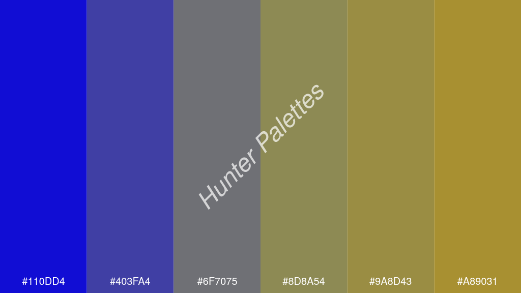 olívazöld szín palettája a következőkkel: #110dd4 #403fa4 #6f7075 #8d8a54 #9a8d43 #a89031