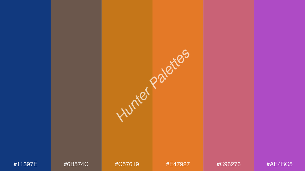 mandarin szín palettája a következőkkel: #11397e #6b574c #c57619 #e47927 #c96276 #ae4bc5