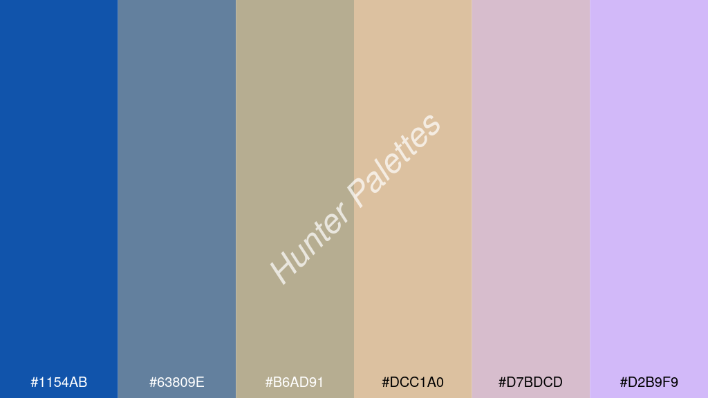 khaki szín palettája a következőkkel: #1154ab #63809e #b6ad91 #dcc1a0 #d7bdcd #d2b9f9