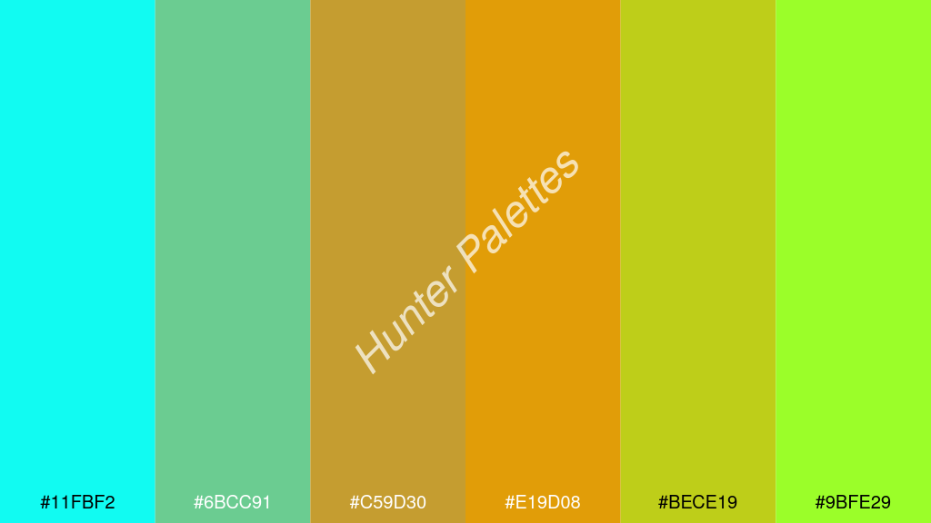 mandarin szín palettája a következőkkel: #11fbf2 #6bcc91 #c59d30 #e19d08 #bece19 #9bfe29